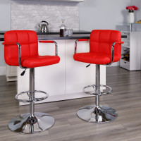 Flash Furniture Contemporary Red Quilted Vinyl Adjustable Height Bar Stool with Arms and Chrome Base CH-102029-RED-GG